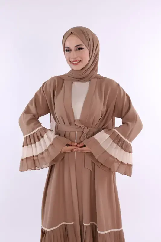 Two-Tone Pleated Abaya with Belt 7454 Visone - BYM FASHION