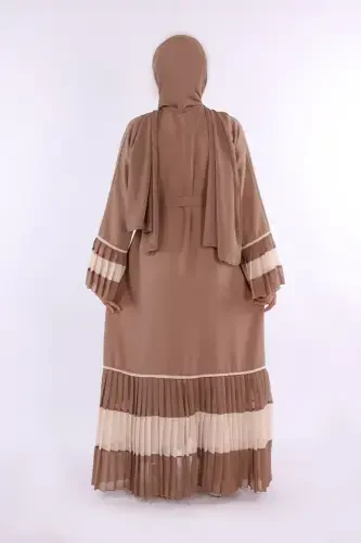 Two-Tone Pleated Abaya with Belt 7454 Visone - BYM FASHION (1)