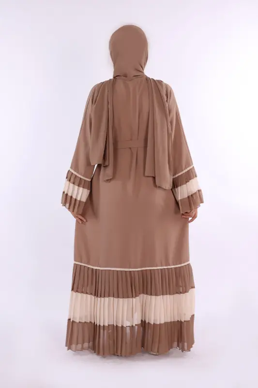 Two-Tone Pleated Abaya with Belt 7454 Visone - 2