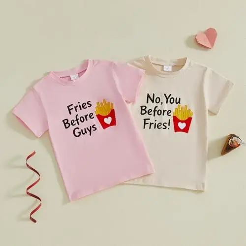 Twopumpkin Valentines Toddler Girl Boy Baby Outfit Valentines Day Shirt Fries Before Guys Short Sleeve T-Shirts Vintage Tops - 5