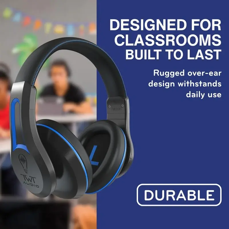 TWT Audio Classroom Eshitish vositalari Bulk 20 Pack – Duro 200 maktab, talabalar, o'qituvchilar uchun quloq ustidagi simli naushniklar - Bolalar, test sinovlari va o'rganish uchun chidamli shovqinni kamaytiruvchi 3,5 mm Jekli naushniklar - 2