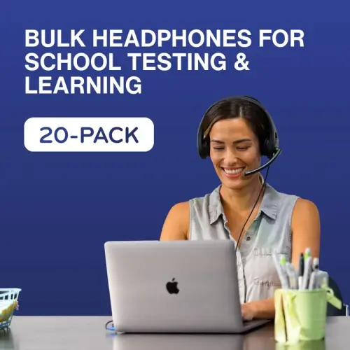 TWT Audio Classroom Eshitish vositalari Bulk 20 Pack – Duro 200 maktab, talabalar, o'qituvchilar uchun quloq ustidagi simli naushniklar - Bolalar, test sinovlari va o'rganish uchun chidamli shovqinni kamaytiruvchi 3,5 mm Jekli naushniklar - 3