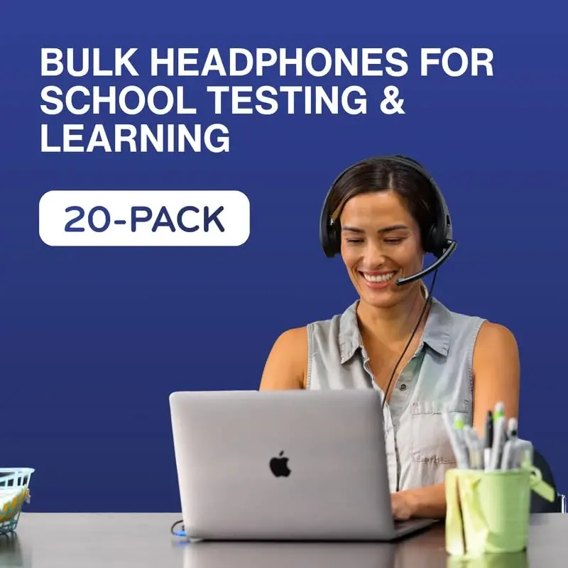 TWT Audio Classroom Eshitish vositalari Bulk 20 Pack – Duro 200 maktab, talabalar, o'qituvchilar uchun quloq ustidagi simli naushniklar - Bolalar, test sinovlari va o'rganish uchun chidamli shovqinni kamaytiruvchi 3,5 mm Jekli naushniklar - 3