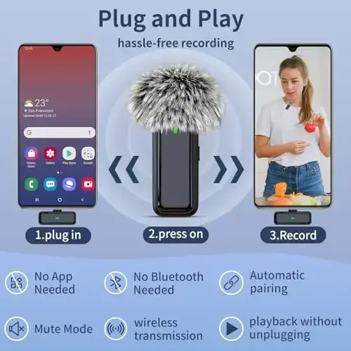 TXTUNE Беспроводной петличный микрофон для iPhone 16 15 Android iPad, шумоподавление, петличный микрофон с зарядным чехлом на 24 часа, 70 футов для видеозаписи, видеоблогов, YouTube, TikTok - 5
