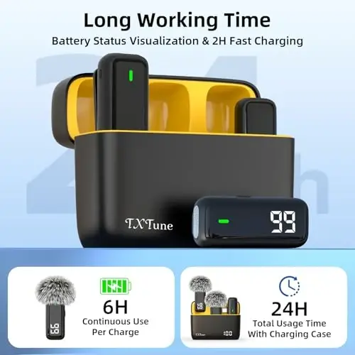 TXTUNE Wireless Microphone for iPhone Android Phone, USB C Mini Clip on Mic | Noise Canceling, 24H Battery Life with Charging Case, 70Ft Range, Lavalier Mic for Content Creators Video Recording Vlogging - 2
