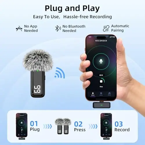 TXTUNE Wireless Microphone for iPhone Android Phone, USB C Mini Clip on Mic | Noise Canceling, 24H Battery Life with Charging Case, 70Ft Range, Lavalier Mic for Content Creators Video Recording Vlogging - 4