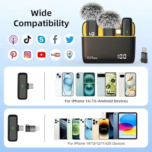 TXTUNE Wireless Microphone for iPhone Android Phone, USB C Mini Clip on Mic | Noise Canceling, 24H Battery Life with Charging Case, 70Ft Range, Lavalier Mic for Content Creators Video Recording Vlogging - 5
