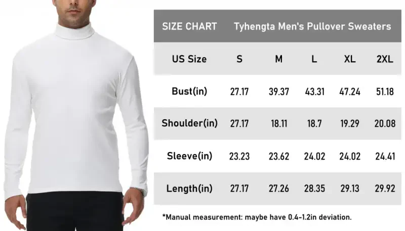 Tyhengta Men's Turtleneck Sweaters Long Sleeve Pullover Sweaters Mock Neck Knitted T-Shirt Basic Slim Fit Tee Tops White M- - 2