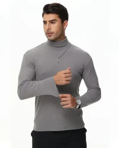 Tyhengta Men's Turtleneck Sweaters Long Sleeve Pullover Sweaters Mock Neck Knitted T-Shirt Basic Slim Fit Tee Tops Grey XL - 5