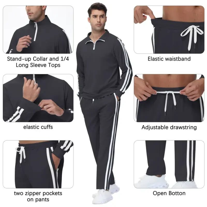 Tyhengta Men's Tracksuits Athletic 2 Piece Set 1/4 Zipper Casual Jogging Suit Gym Sportswear Carbon Gray L - 3