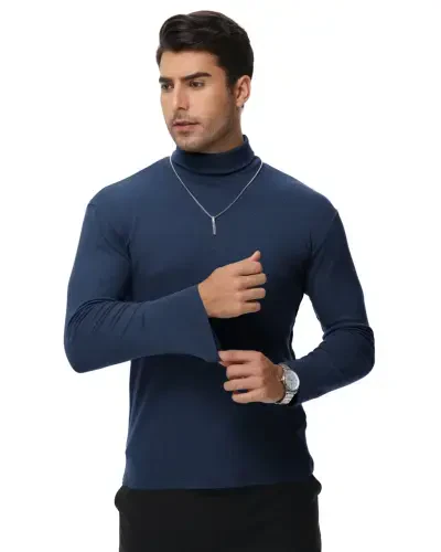 Tyhengta Men's Turtleneck Sweaters Long Sleeve Pullover Sweaters Mock Neck Knitted T-Shirt Basic Slim Fit Tee Tops Blue L - TYHENGTA (1)