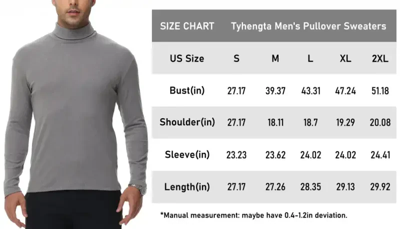 Tyhengta Men's Turtleneck Sweaters Long Sleeve Pullover Sweaters Mock Neck Knitted T-Shirt Basic Slim Fit Tee Tops Grey XL - 3