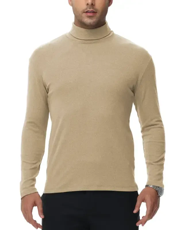 Tyhengta Men's Turtleneck Sweaters Long Sleeve Pullover Sweaters Mock Neck Knitted T-Shirt Basic Slim Fit Tee Tops Khaki S - 1