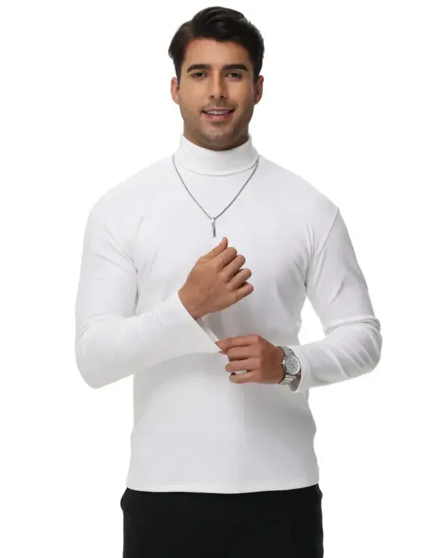 Tyhengta Men's Turtleneck Sweaters Long Sleeve Pullover Sweaters Mock Neck Knitted T-Shirt Basic Slim Fit Tee Tops White M- - 7
