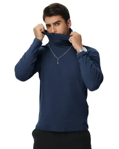 Tyhengta Мужской водолазка свитер Длинный рукав Пуловер Свитер Воротник-стойка Вязаная Футболка Базовый Тонкий крой Верх Синий L - 4