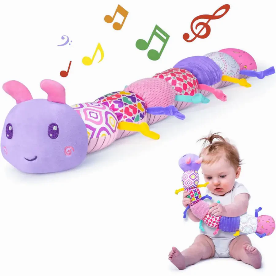 TYMZDYN Baby Musical Stuffed Toys 0-6 Months,Plush Caterpillar Toys with Built-in Music,BB Squeaks,Crinkle and Rattle,Baby Toys 6-12 Month,Baby Soft Tummy Time Toys for Girls(Purple) - 1