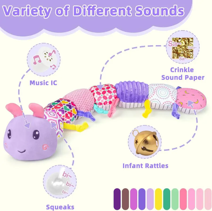 TYMZDYN Baby Musical Stuffed Toys 0-6 Months,Plush Caterpillar Toys with Built-in Music,BB Squeaks,Crinkle and Rattle,Baby Toys 6-12 Month,Baby Soft Tummy Time Toys for Girls(Purple) - 2