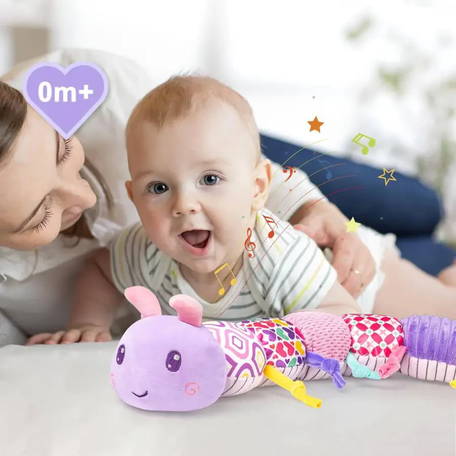 TYMZDYN Chaqaloq Musiqiy Plyush O'yinchoqlar 0-6 Oy, Plyush Qurt O'yinchoqlar O'rnatilgan Musiqa, BB Qichqirig'i, Qisqich va Chindam, Chaqaloq O'yinchoqlar 6-12 Oy, Chaqaloq Yumshoq Qorin Vaqti O'yinchoqlar Qizlar Uchun (Binafsha rang) - 6