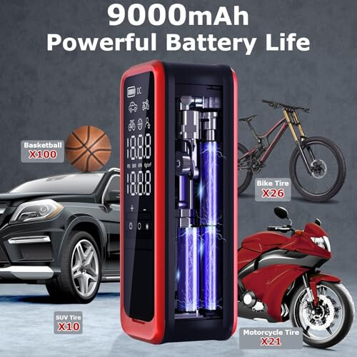 Tyniaide Taşınabilir Hava Kompresörü, 4 Kat Daha Hızlı Şişirme, 160PSI ve 9000mAh Taşınabilir Hava Pompası Araba Lastikleri İçin, Kablosuz Taşınabilir Hava Pompası Araba, Motosiklet, Bisiklet, Top (Saklama Çantası) - 3