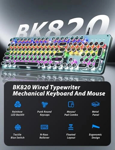 Typewriter Mechanical Gaming Keyboard and Mouse, Metal Panel Retro Keyboard with Round Keycap Blue Switch, RGB Backlit 104 Keys Anti-Ghost Wired Keyboard Mouse and Pad Combo for PC Laptop Mac Gamer - 1