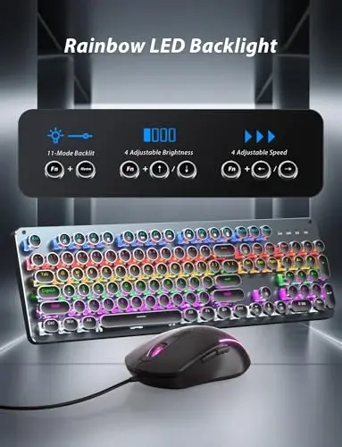 Typewriter Mechanical Gaming Keyboard and Mouse, Metal Panel Retro Keyboard with Round Keycap Blue Switch, RGB Backlit 104 Keys Anti-Ghost Wired Keyboard Mouse and Pad Combo for PC Laptop Mac Gamer - 3