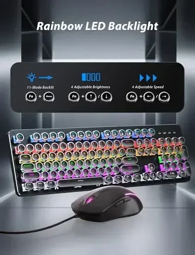 Typewriter Mechanical Gaming Keyboard and Mouse, Metal Panel Retro Keyboards with Round Keycap Blue Switch, Rainbow LED Backlit 104-Key Anti-Ghost Wired Mouse and Pad Combo for PC Laptop Mac Gamer - 5