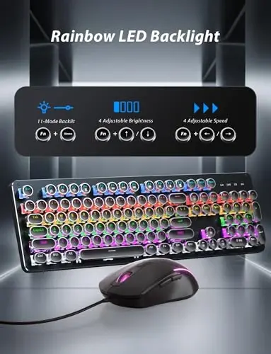 Typewriter Mechanical Gaming Keyboard and Mouse, Metal Panel Retro Keyboards with Round Keycap Blue Switch, Rainbow LED Backlit 104-Key Anti-Ghost Wired Mouse and Pad Combo for PC Laptop Mac Gamer - 5