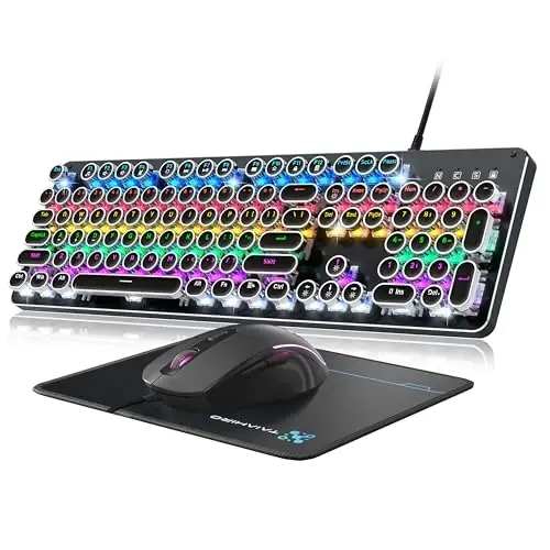 Typewriter Mechanical Gaming Keyboard and Mouse, Metal Panel Retro Keyboards with Round Keycap Blue Switch, Rainbow LED Backlit 104-Key Anti-Ghost Wired Mouse and Pad Combo for PC Laptop Mac Gamer 