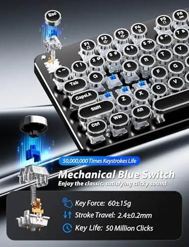 Typewriter Mechanical Gaming Keyboard and Mouse, Metal Panel Retro Keyboards with Round Keycap Blue Switch, Rainbow LED Backlit 104-Key Anti-Ghost Wired Mouse and Pad Combo for PC Laptop Mac Gamer - 3