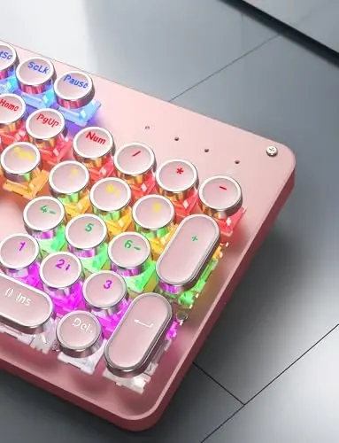 Typewriter Mechanical Gaming Keyboard and Mouse, Metal Panel Retro Keyboards with Round Keycap Blue Switch, Rainbow LED Backlit 104-Key Anti-Ghost Wired Mouse and Pad Combo for PC Laptop Mac Gamer - 6