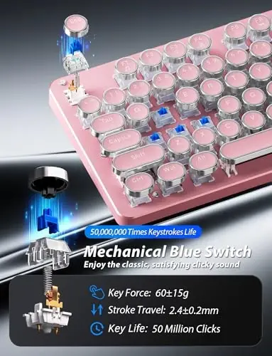 Typewriter Mechanical Gaming Keyboard and Mouse, Metal Panel Retro Keyboards with Round Keycap Blue Switch, Rainbow LED Backlit 104-Key Anti-Ghost Wired Mouse and Pad Combo for PC Laptop Mac Gamer - 3