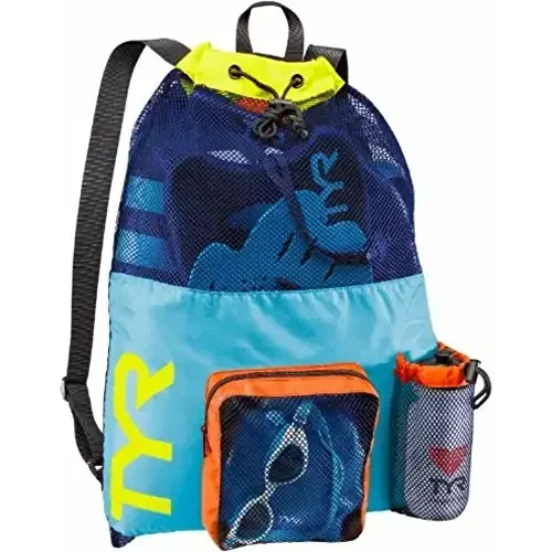 TYR Big Mesh Mummy Backpack for Wet Swimming, Gym, and Workout Gear, Blue/Yellow - 3
