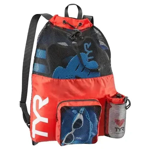 TYR Big Mesh Mummy Backpack for Wet Swimming, Gym, and Workout Gear, Red - 1
