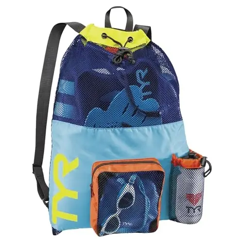 TYR Big Mesh Mummy Backpack for Wet Swimming, Gym, and Workout Gear, Blue/Yellow - 1