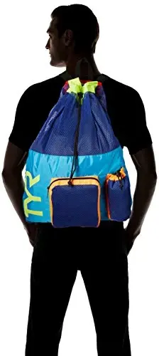TYR Big Mesh Mummy Backpack for Wet Swimming, Gym, and Workout Gear, Blue/Yellow - 2