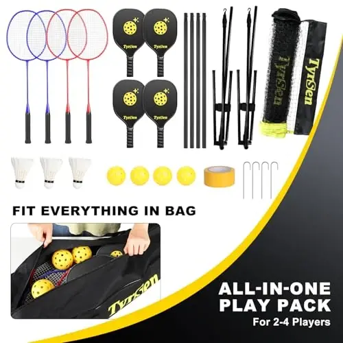 TYRSEN Portable Pickleball Badminton Net Set, 17FT Adjustable Heights All-in-One Net w/4 Pickleball Paddles 4 Badminton Rackets, Freestanding Pickleball Badminton Net for Backyard Driveway - 7