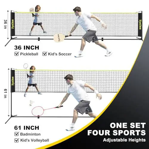 TYRSEN Portable Pickleball Badminton Net Set, 17FT Adjustable Heights All-in-One Net w/4 Pickleball Paddles 4 Badminton Rackets, Freestanding Pickleball Badminton Net for Backyard Family Sports - 3