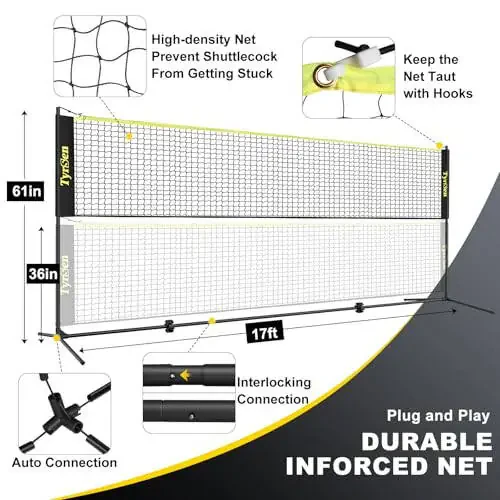TYRSEN Portable Pickleball Badminton Net Set, 17FT Adjustable Heights All-in-One Net w/4 Pickleball Paddles 4 Badminton Rackets, Freestanding Pickleball Badminton Net for Backyard Family Sports - 6