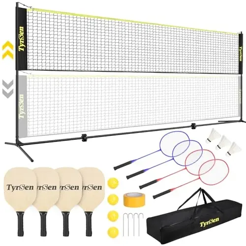 TYRSEN Portable Pickleball Badminton Net Set, 17FT Adjustable Heights All-in-One Net w/4 Pickleball Paddles 4 Badminton Rackets, Freestanding Pickleball Badminton Net for Backyard Family Sports 