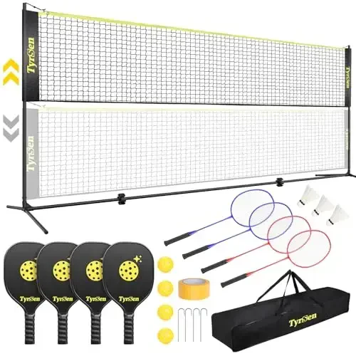 TYRSEN Portable Pickleball Badminton Net Set, 17FT sozlanadigan balandlikdagi All-in-One Net w/4 Pickleball Paddles 4 Badminton Rackets, Hovli yo'lakchasi uchun mustaqil Pickleball Badminton Net - 1