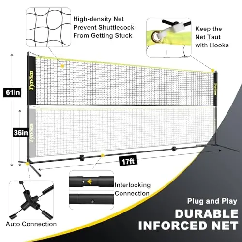 TYRSEN Portable Pickleball Badminton Net Set, 17FT Adjustable Heights All-in-One Net w/4 Pickleball Paddles 4 Badminton Rackets, Freestanding Pickleball Badminton Net for Backyard Driveway - 3