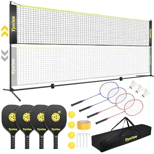 TYRSEN Portable Pickleball Badminton Net Set, 17FT Adjustable Heights All-in-One Net w/4 Pickleball Paddles 4 Badminton Rackets, Freestanding Pickleball Badminton Net for Backyard Driveway - TYRSEN