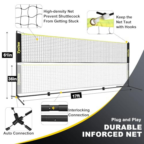 TYRSEN Portable Pickleball Badminton Net Set, 17FT Adjustable Heights All-in-One Net w/4 Pickleball Paddles 4 Badminton Rackets, Freestanding Pickleball Badminton Net for Backyard Driveway - 6