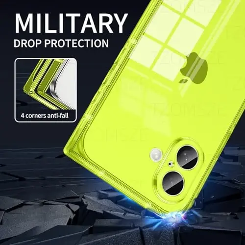 Tzomsze Case iPhone 17 bilan mos keladi, tiniq gʻilof, kamera himoyasi, mustahkamlangan burchaklar TPU yupqa zarbaga chidamli gʻilof ayollar qizlar uchun 6,3 dyuym-shaffof neon yashil - 3
