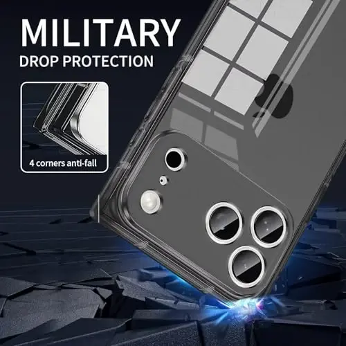 Tzomsze Case iPhone 17 Pro bilan mos keladi, Shaffof G'ilof, Kamera Himoyasi, Burchaklari Kuchaytirilgan TPU Yupqa Zarba o'tkazmaydigan G'ilof Ayollar Qizlar uchun 6.3 dyuym-Shaffof Qora - 3