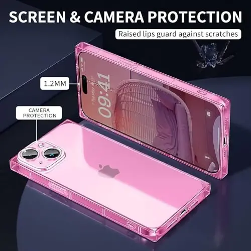 Tzomsze iPhone 15 ile Uyumlu Şeffaf Kamera Korumalı ve Güçlendirilmiş Köşeli TPU İnce Darbeye Dayanıklı Kılıf - Kadınlar ve Kızlar için Kristal Pembe - TZOMSZE (1)