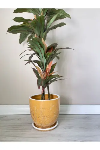 U Pot with Saucer 30cm Lily Mustard Marble Pattern - Mustard-White-Gold 