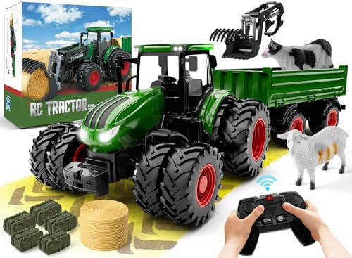 Uarzt Remote Control Tractor Toy, Kids RC Tractor Set & Truck and Trailer Front Loader - Metal Car Head/8 Wheel/Light, Toddlers Farm Vehicle Toys for 3 4 5 6 7 8 9 Year Old Boys Girls Birthday Gift - 1