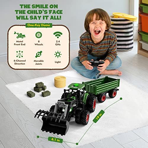 Uarzt Remote Control Tractor Toy, Kids RC Tractor Set & Truck and Trailer Front Loader - Metal Car Head/8 Wheel/Light, Toddlers Farm Vehicle Toys for 3 4 5 6 7 8 9 Year Old Boys Girls Birthday Gift - 4