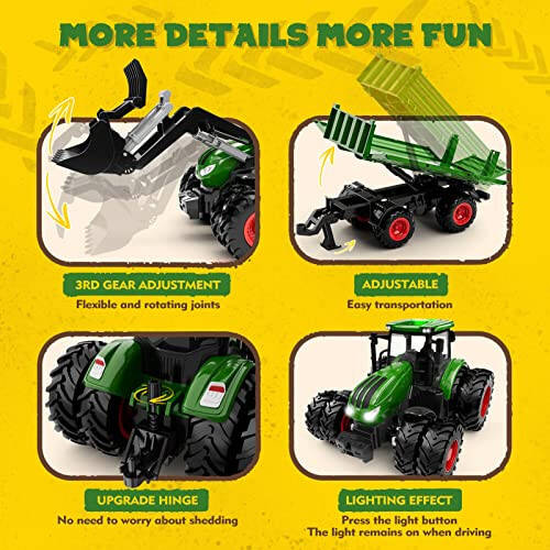 Uarzt Remote Control Tractor Toy, Kids RC Tractor Set & Truck and Trailer Front Loader - Metal Car Head/8 Wheel/Light, Toddlers Farm Vehicle Toys for 3 4 5 6 7 8 9 Year Old Boys Girls Birthday Gift - 5